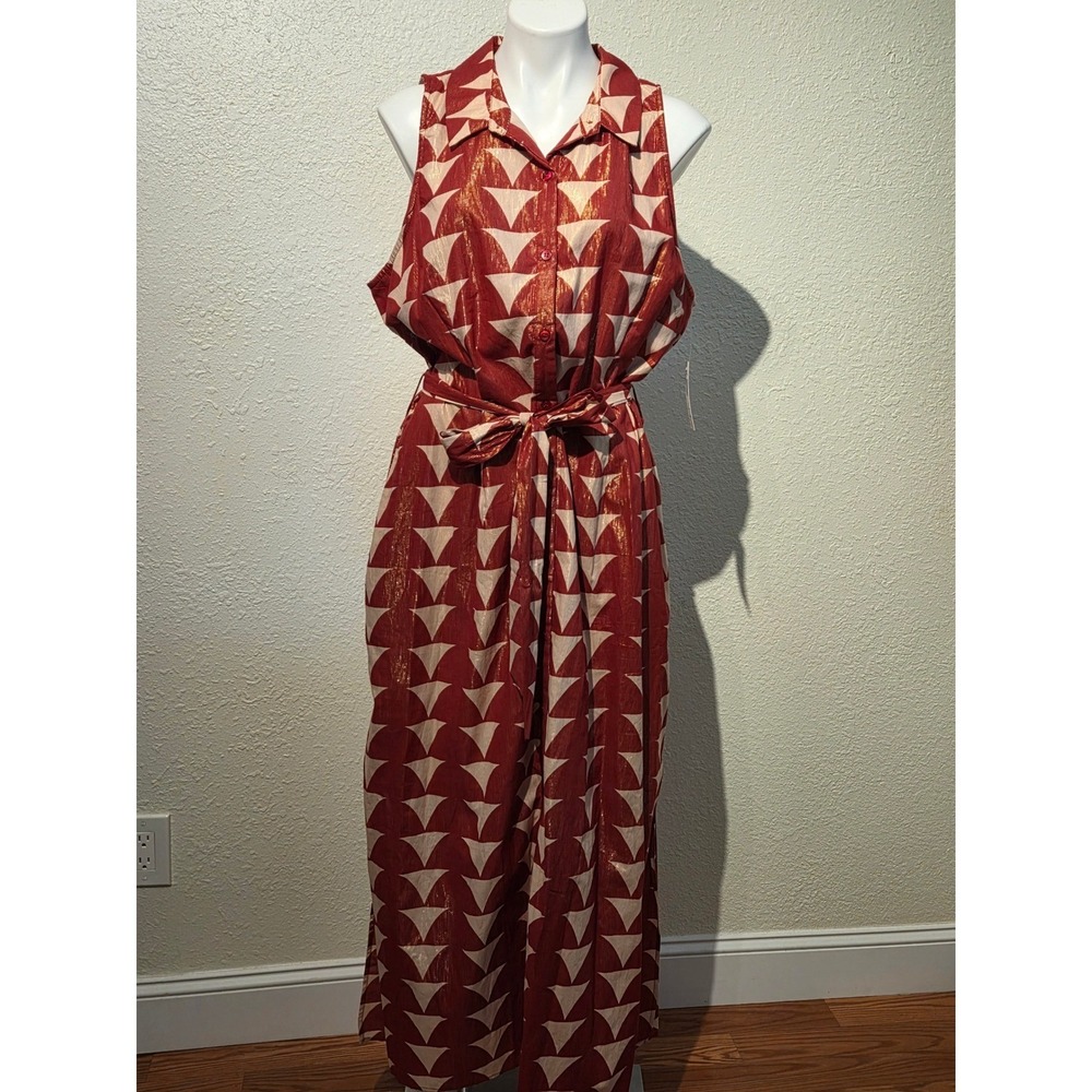MSK Womens XL Red Gold Lurex Geometric Button Front Sleeveless Maxi Dress NWT